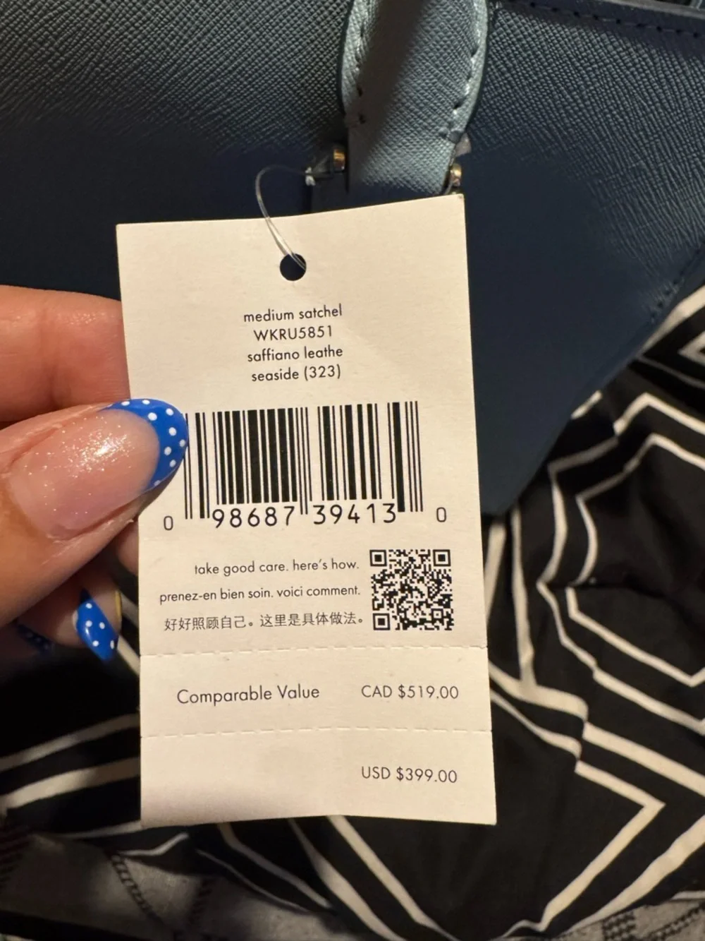 kate spade Light Blue Saffiano Satchel with Gold Logo